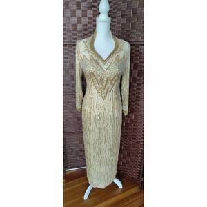 Landa Vintage Silk Evening Gown Gold Beaded Sequin Rhinestone Maxi Glam 80's 90'